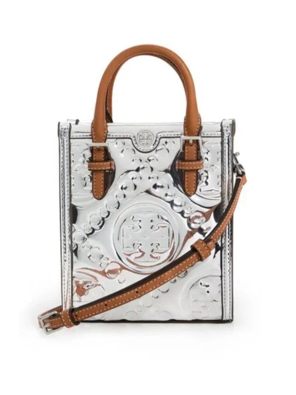 Tory Burch Silver Mirror Mini Tote with Tan Leather Trim